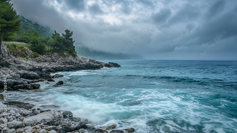 Obraz premium Dramatic coastal scene with stormy clouds, rocky shore, and turquoise sea.