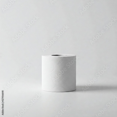 Minimalist composition of a single white toilet paper roll on a clean white background. photo