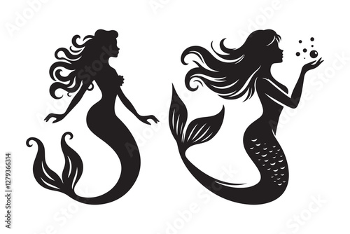Silhouette icon of a mermaid , isolated on white background