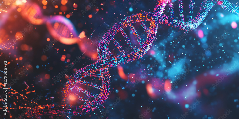 Close-up view of a 3D representation of a DNA double helix structure with glowing colors, futuristic genetic research, molecular biology background
