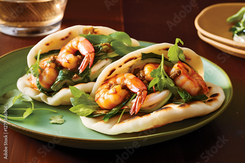 Shrimp-filled bao buns with fresh greens on a green plate with a glass of drink in the background