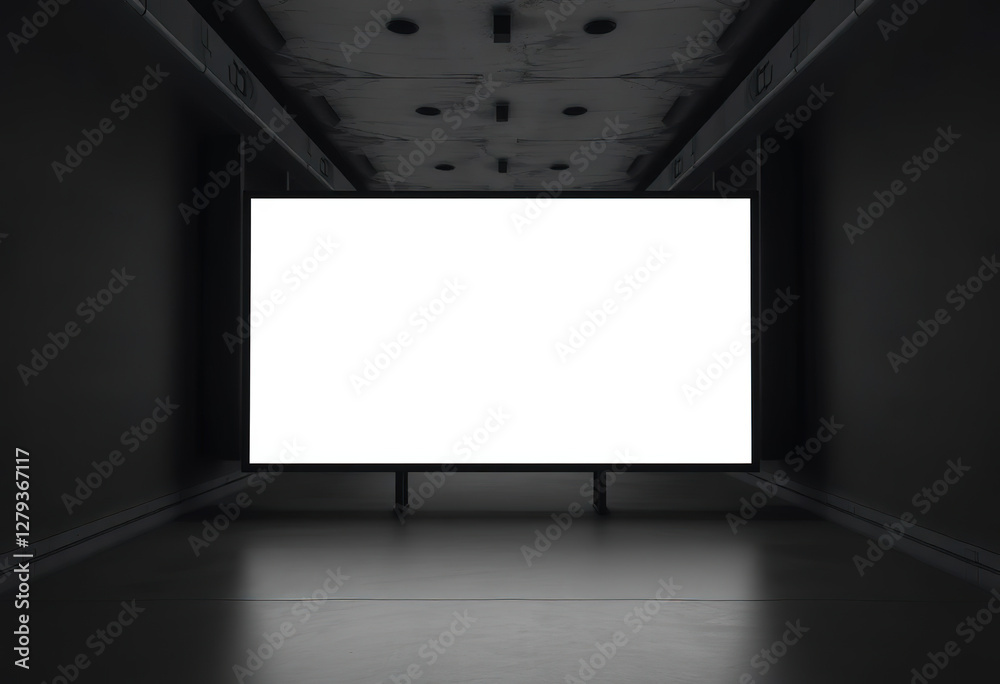 Bank white glowing digital screen in dark hall interior with concrete floor and black wall. Presentation concept. Mockup, closeup, 3D Rendering, 8k Bank white glowing digital screen in dark hall interior with concrete floor and black wall. Presentation concept. Mockup, closeup, 3D Rendering, 8k