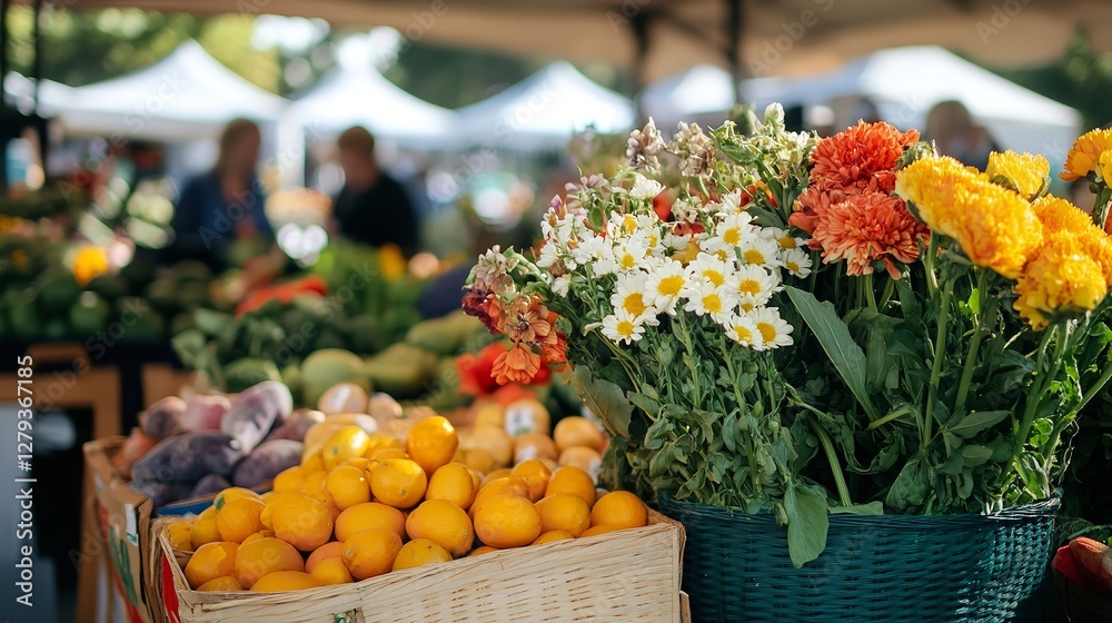 Vibrant Farmers Market with Fresh Produce and Flowers – Local, Organic, and Sustainable Shopping