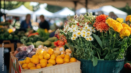 Obraz na płótnie Vibrant Farmers Market with Fresh Produce and Flowers – Local, Organic, and Sustainable Shopping w salonie