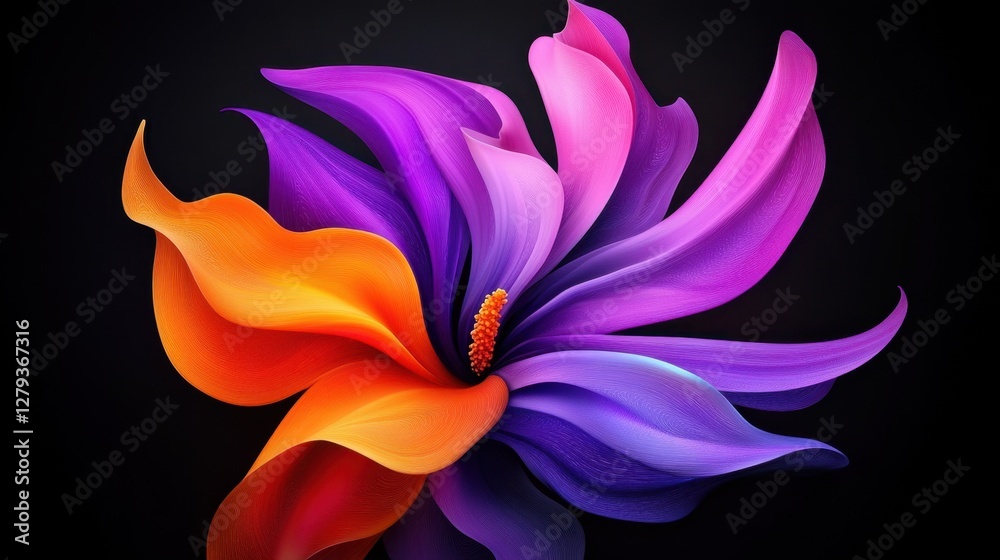 Obraz premium A colorful flower with orange and purple petals. The flower is in the center of the image and is surrounded by a dark background. The colors of the flower are vibrant and eye-catching