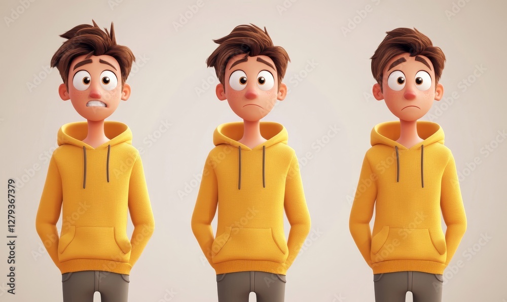 Naklejka premium Sad and Stressed Male Cartoon Character in Yellow Hoodie, 3D Style Design on Light Background, Depicting Human Emotions and Expressions