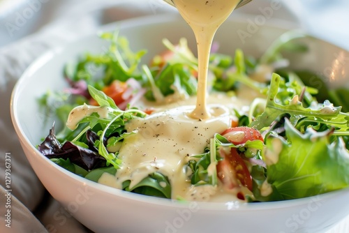 Drizzling creamy salad dressing on fresh greens kitchen food photography bright close-up