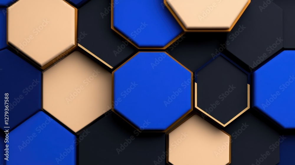 A blue and tan hexagon patterned background with gold accents. The blue and tan colors are contrasting with the black and gold accents. The pattern is made up of many small hexagons A blue and tan hexagon patterned background with gold accents. The blue and tan colors are contrasting with the black and gold accents. The pattern is made up of many small hexagons