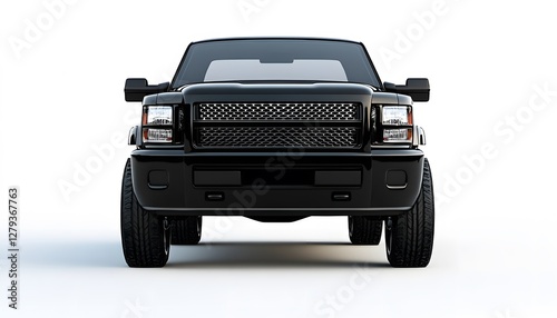 Front view of a black pickup truck on white background