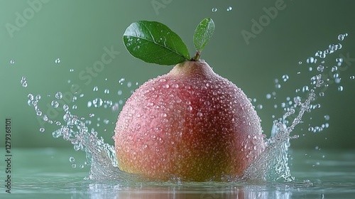 Fresh pomegranate splashing in water, green backdrop photo