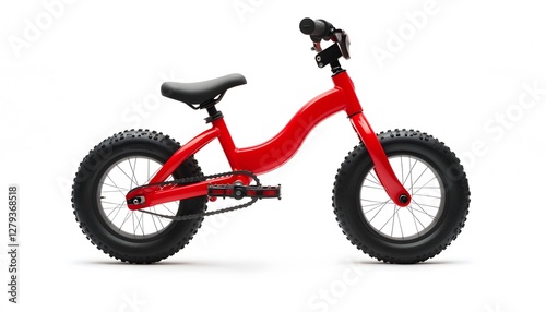 A vibrant red childs bicycle stands out against white backdrop