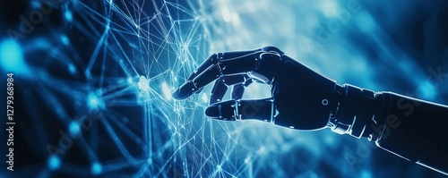 Futuristic AI ethics concept with a robotic hand interacting with a holographic interface, emphasizing the importance of moral principles in AI