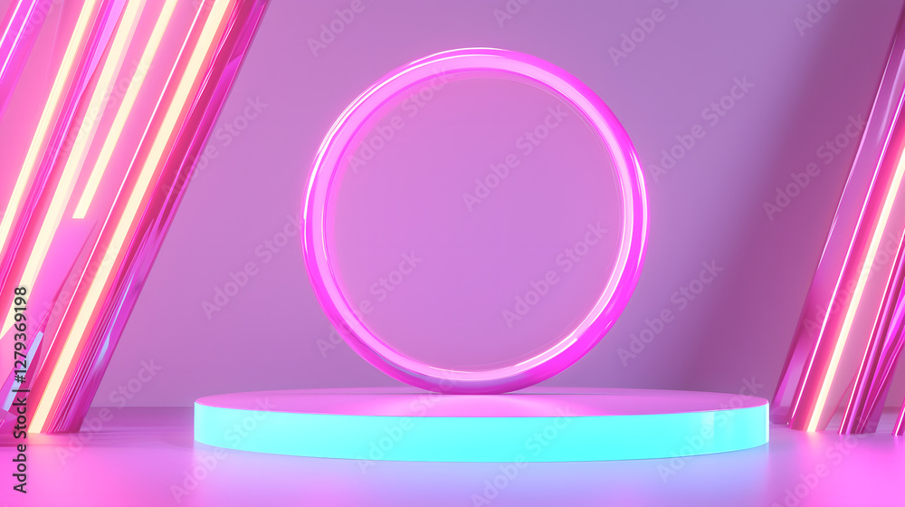 Fototapeta premium Dynamic neon circle display futuristic studio digital art installation vibrant atmosphere eye-level view modern aesthetic