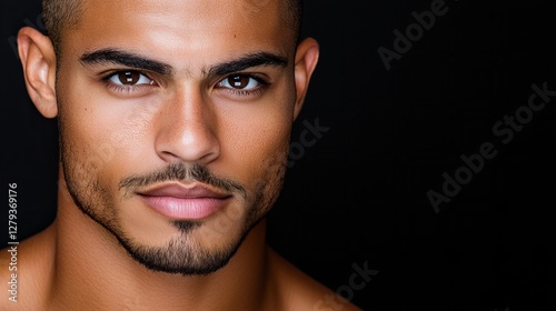 Close-up portrait of a young, handsome biracial man against a black background. His gaze is intense, and his expression is serious.