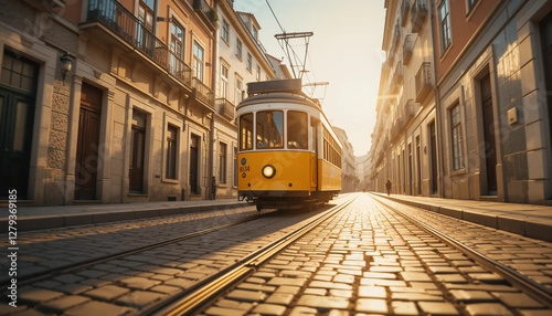 Yellow tram 28 of Lisbon during sunset