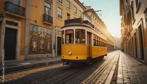 Yellow tram 28 of Lisbon during sunset