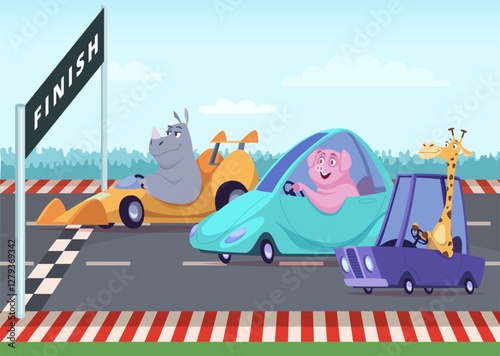 Cartoon race. happy animals on race finishing driving different cars