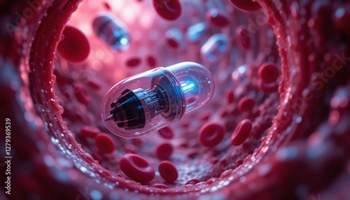 Nanobots in the human blood with blood cells photo