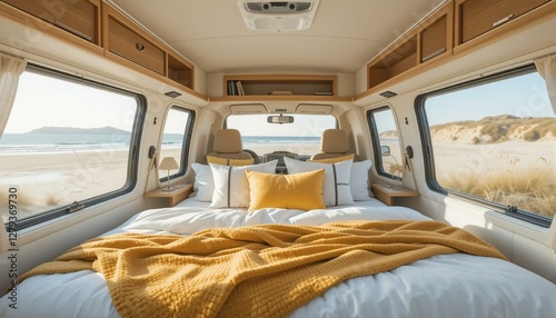 Bed inside a camper van with cozy linens at a beach by the shore photo