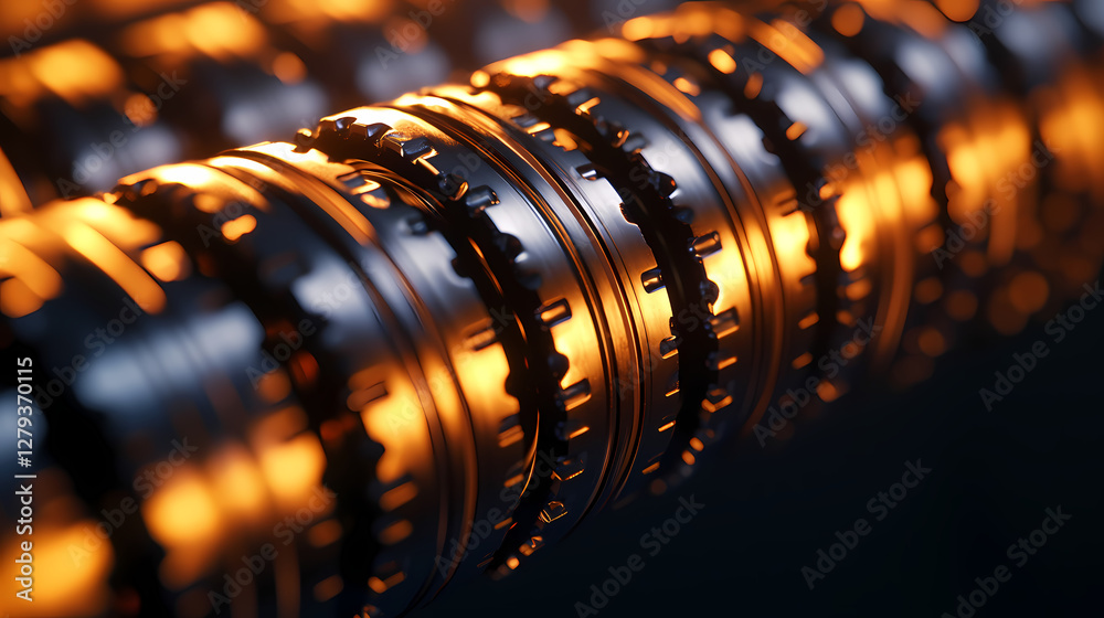 A close-up of metallic gears illuminated by warm light, showcasing intricate patterns and textures, highlighting industrial design and engineering. A close-up of metallic gears illuminated by warm light, showcasing intricate patterns and textures, highlighting industrial design and engineering.