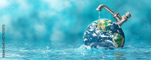 Illustrative design of World Water Day with a tap dripping onto a globe against a water background, highlighting the importance of water conservation and sustainable