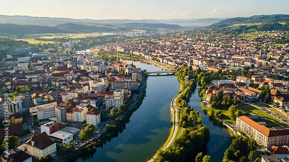 Fototapeta premium Aerial vista of a european city bathed in soft sunlight and verdant surroundings