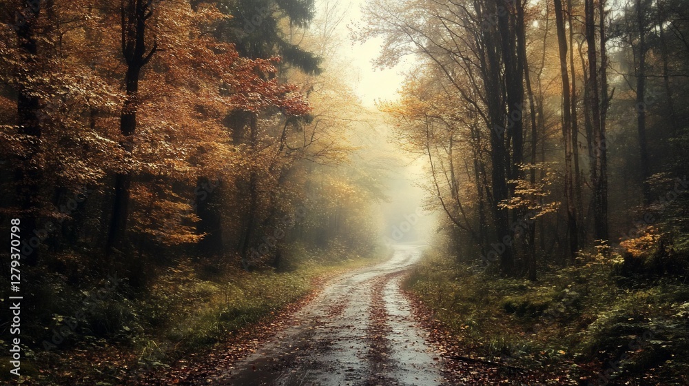 Fototapeta premium Misty autumn road winding through colorful forest.