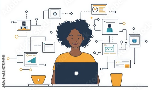 Professional using laptop to access benefits & employee services dashboard, icons representing human resources, insurance, payroll, retirement plans &