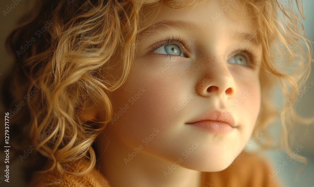 Naklejka premium Contemplative Little Curly Blonde Girl Looking Out Window in Warm Natural Light, Close-Up Portrait Capturing Natural Simplicity, Naivety, and Pure Soul, Reflective Mood and