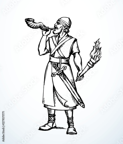 Vector drawing. Warrior with torch