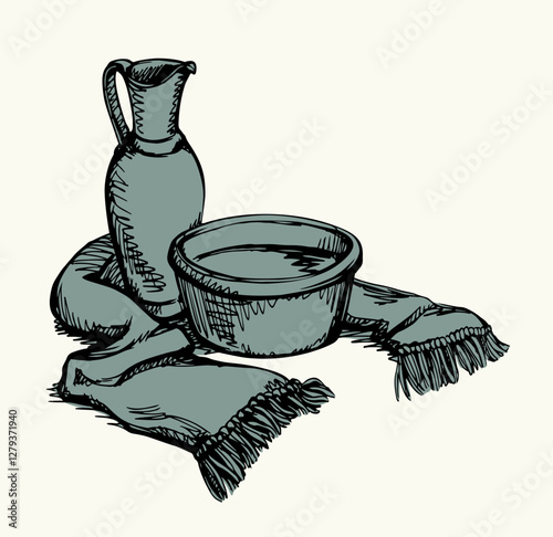 Vector drawing. Jug and bowl