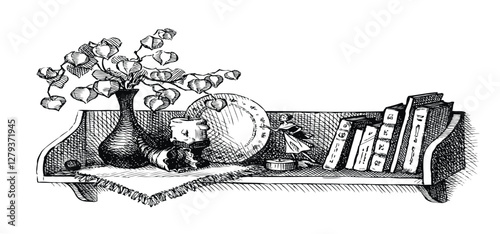 Vector Sketch a shelf with books and souvenirs