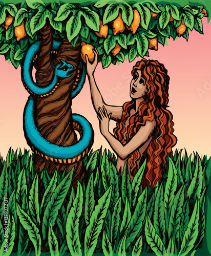 Vector drawing. Adam and Eve at the tree
