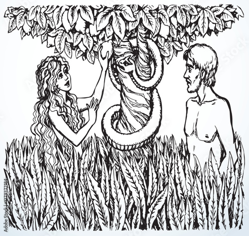 Vector drawing. Adam and Eve at the tree