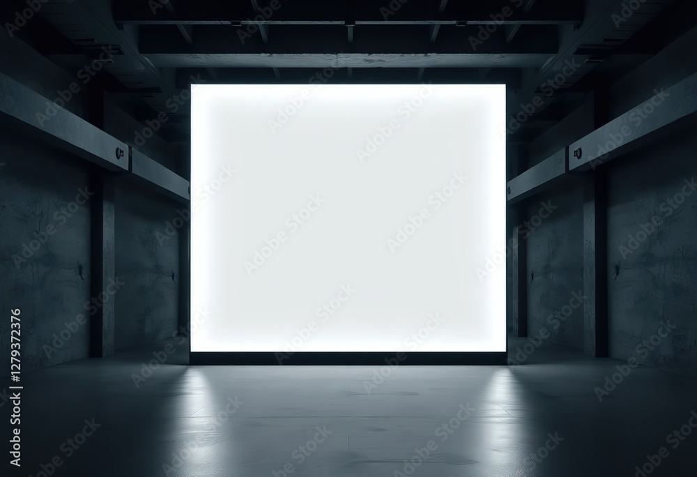 Bank white glowing digital screen in dark hall interior with concrete floor and black wall. Presentation concept. Mockup, closeup, 3D Rendering, 8k