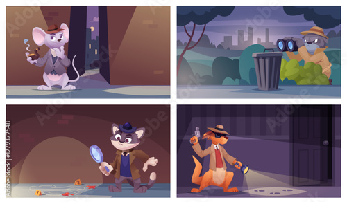 Detective animals. cartoon background with detective characters crime protection