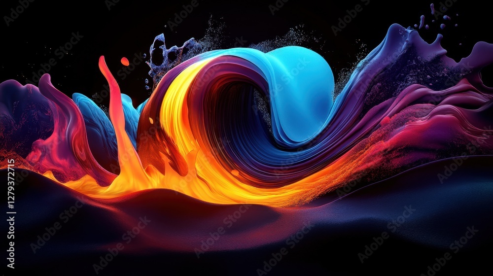 Obraz premium Molten lava meeting ocean waves in an abstract digital art style, seamless fusion of fire and water, highly detailed lighting