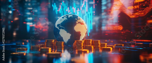 3D render of glowing digital globe surrounded by stacks of coins with data visualizations in the background, symbolizing global financial growth, investment, and trading. photo