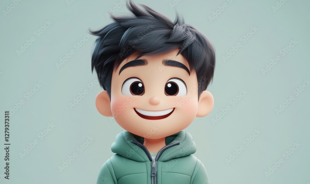 Friendly Asian Cartoon Character Teen Boy Smiling in 3D Green Jacket on Light Background for Happy Human Expression Concept Friendly Asian Cartoon Character Teen Boy Smiling in 3D Green Jacket on Light Background for Happy Human Expression Concept