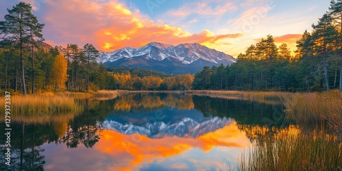 Wallpaper Mural Tranquil Lake at Sunset with Vibrant Heathland and Snow-Capped Mountains Reflection Torontodigital.ca