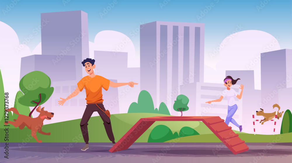 Naklejka premium Dog training. smart animals pets training in urban park