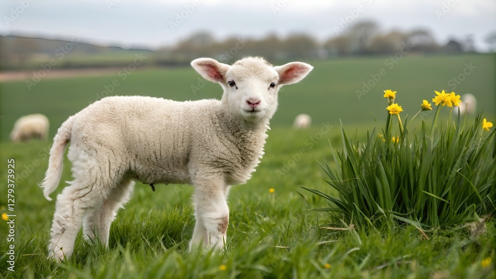 Cute lamb standing in a green meadow with flowers, joyful mood, spring season Cute lamb standing in a green meadow with flowers, joyful mood, spring season