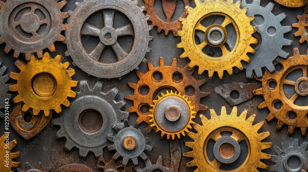 Close-up of various gears in different colors and textures arranged artistically on a surface Close-up of various gears in different colors and textures arranged artistically on a surface