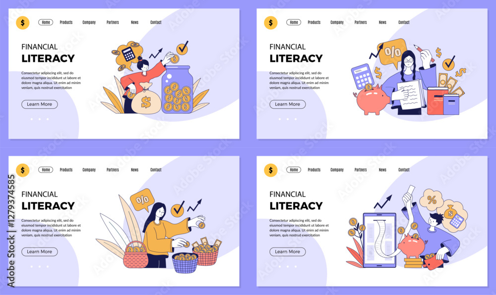 Fototapeta premium Financial literacy. business landing pages with concept illustrations people save money
