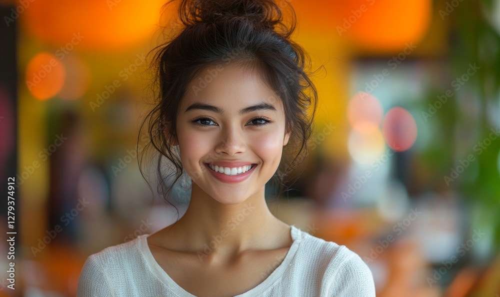 Obraz premium Smiling Asian Woman in Bright Modern Restaurant, Happy Mood, Cheerful Atmosphere, Fictional Character in Vibrant Dining Setting, Lifestyle and Leisure, Friendly and Welcoming