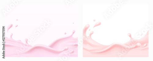 Milk beverage splash seamless patterns. 3d realistic pink yogurt wave borders. Vector milky strawberry product package mockups