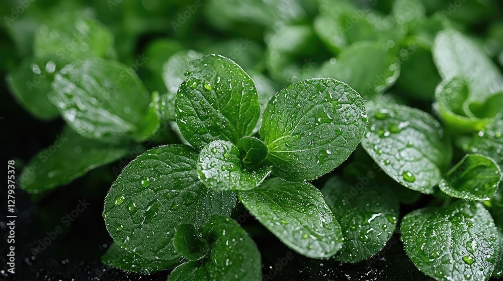 Fresh mint leaves with water droplets. Close-up. Culinary use Fresh mint leaves with water droplets. Close-up. Culinary use