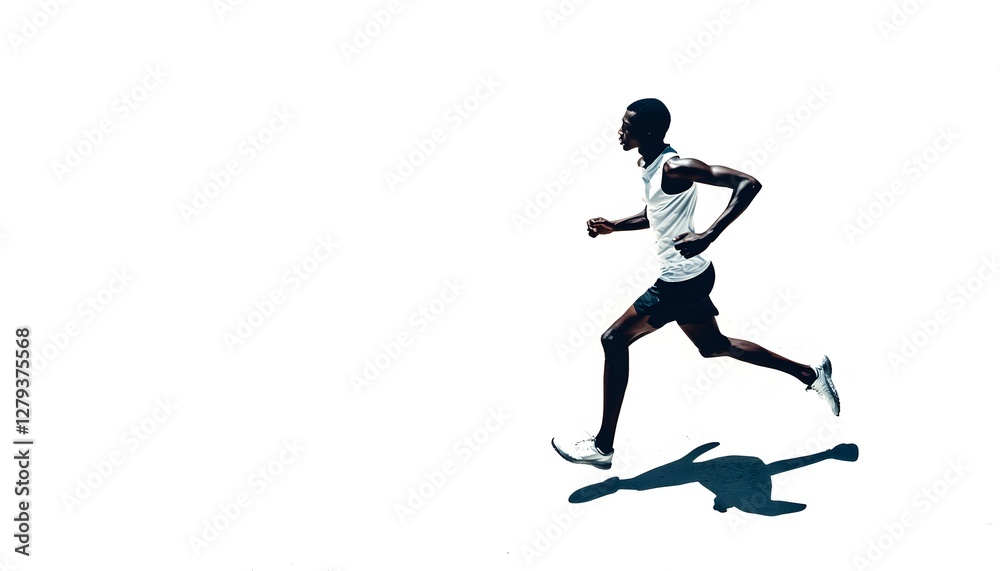 Athlete sprints forward determinedly against a stark white background Athlete sprints forward determinedly against a stark white background