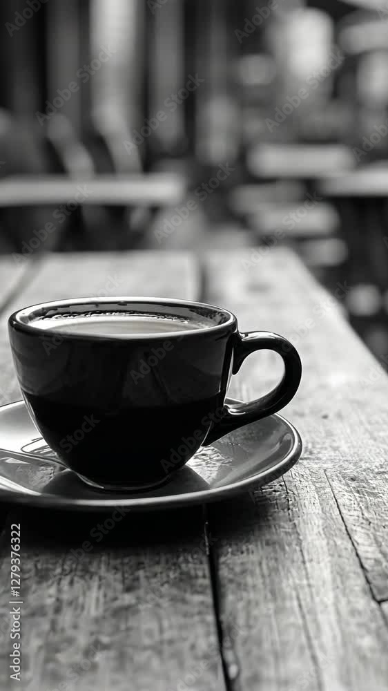 Dark coffee cup placed on a rustic wooden table in a cozy cafe setting during a quiet afternoon