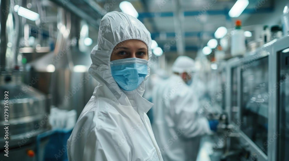 A food processing plant worker in a sterile environment efficiently packaging and labeling processed foods A food processing plant worker in a sterile environment efficiently packaging and labeling processed foods